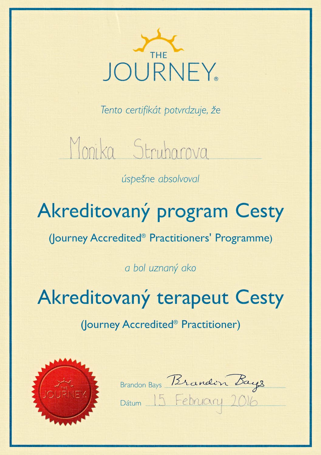 Akreditovaná terapeutka metódy Cesta (The Journey) podľa Brandon Bays